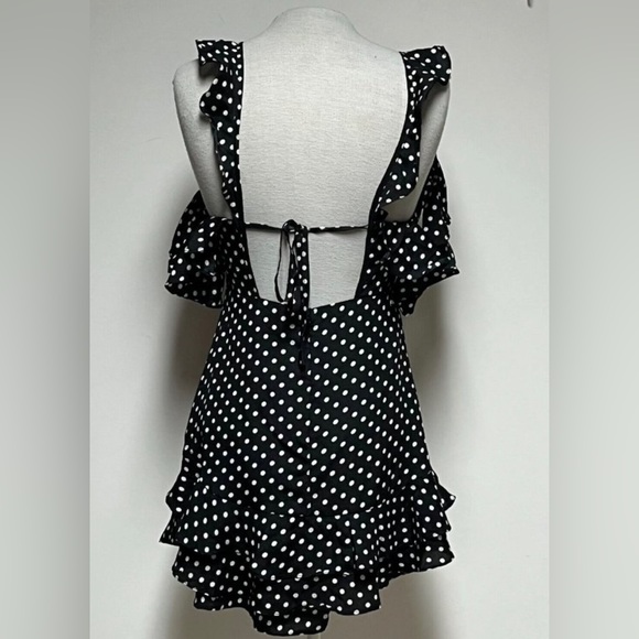 Black White Polka Dot Mini Sundress Women's Size 10 Ruffles Tie Up Back Summer - Picture 4 of 8